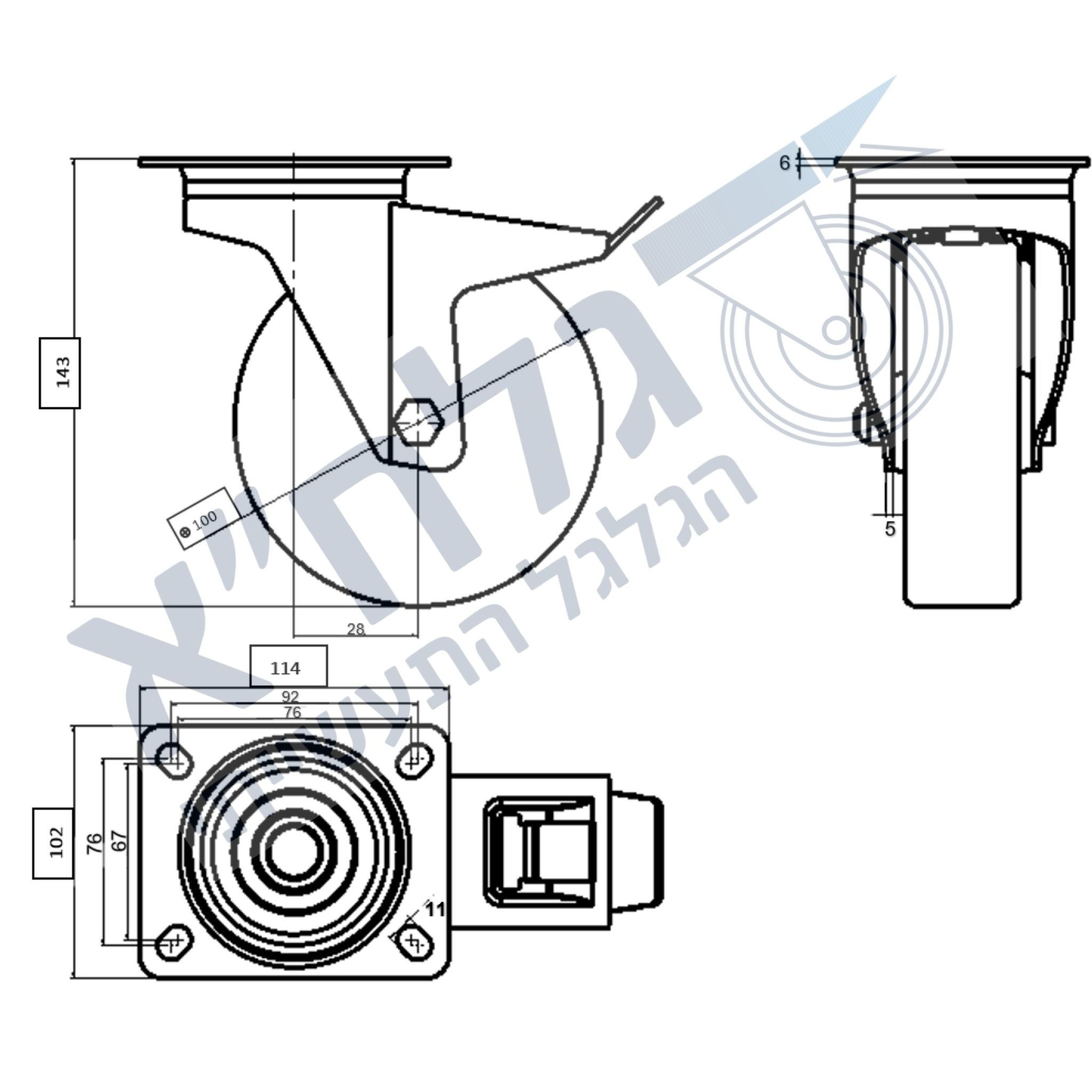 גלגל "4 PP פלטה מסתובבת + מעצור לעומס 250 ק"ג מיסב BALL BEARING כפול
