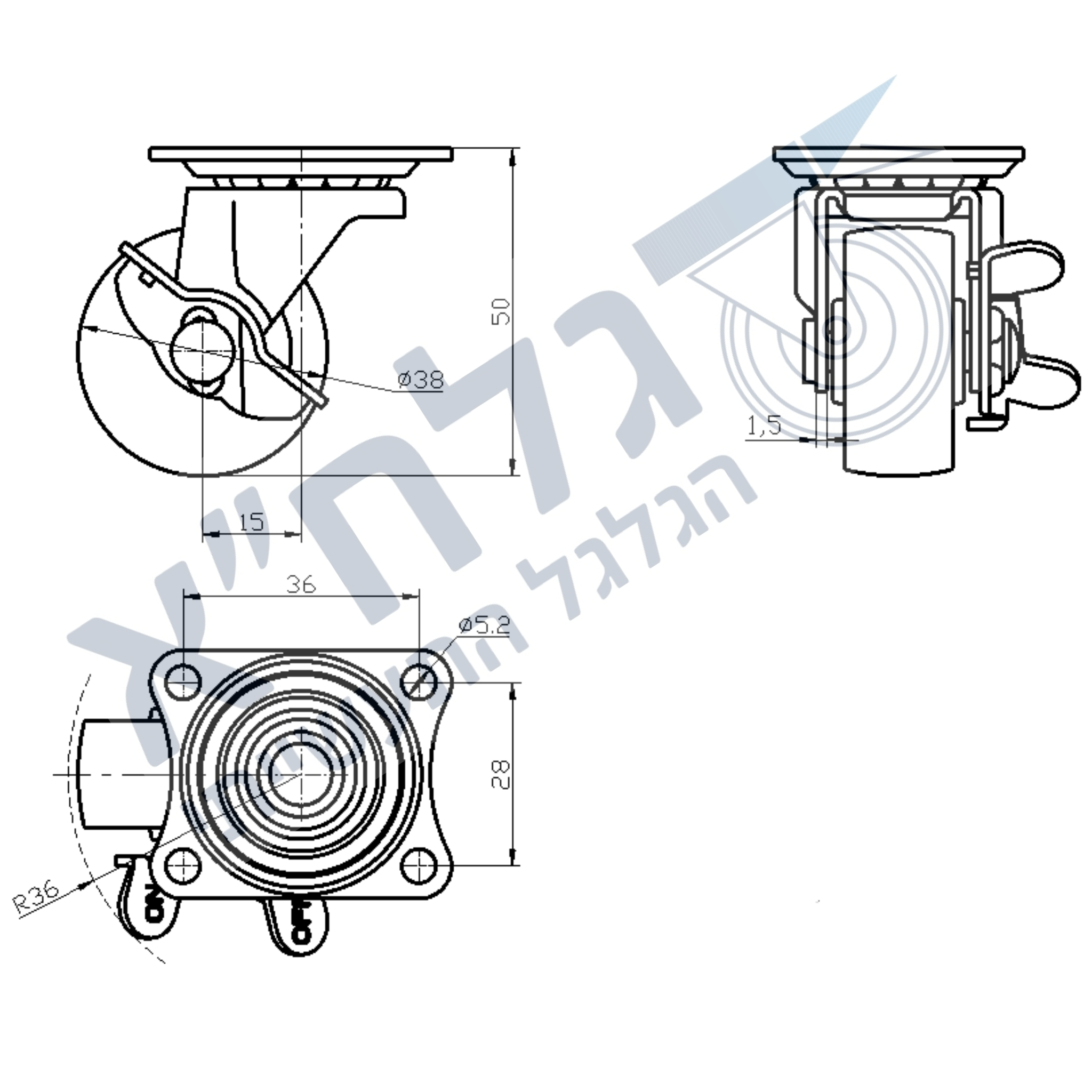 גלגל "1.5 גומי TPR פלטה מסתובבת + מעצור לעומס 28 ק"ג