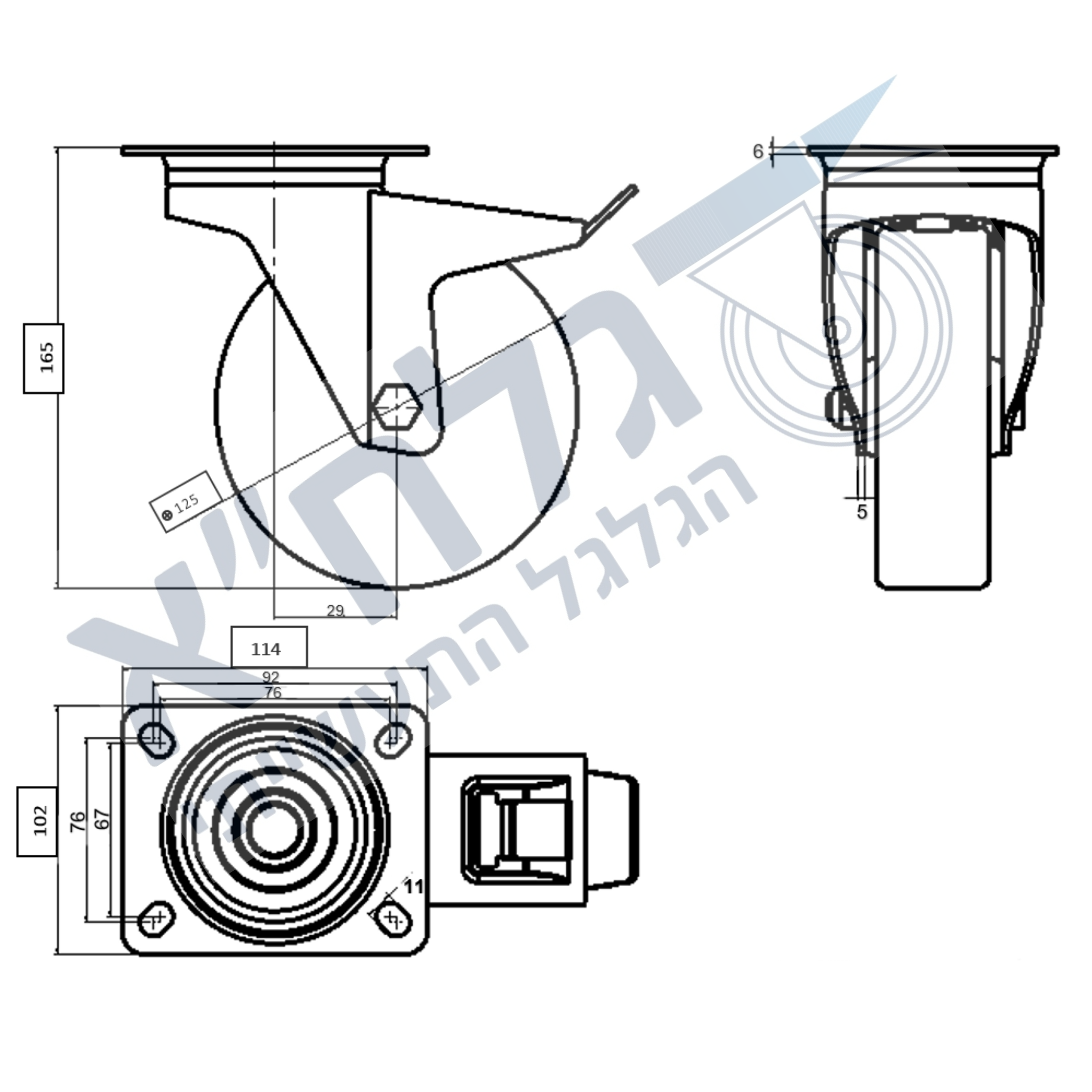 גלגל "5 ניילון PP פלטה מסתובבת + מעצור לעומס 300 ק"ג מיסב BALL BEARING כפול