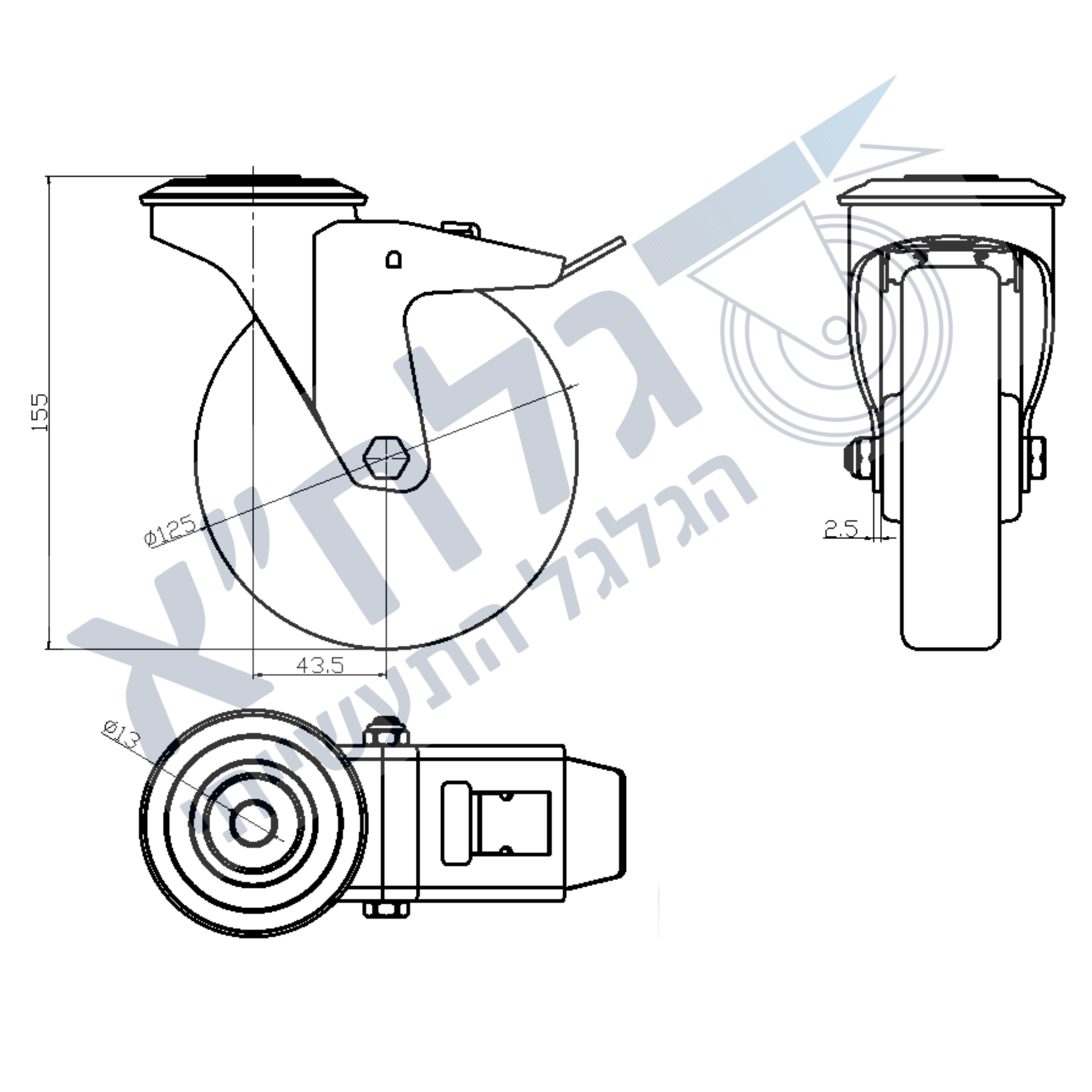 גלגל "5 יציקת ברזל חור לבורג + מעצור מיסב P לעומס 200 ק"ג