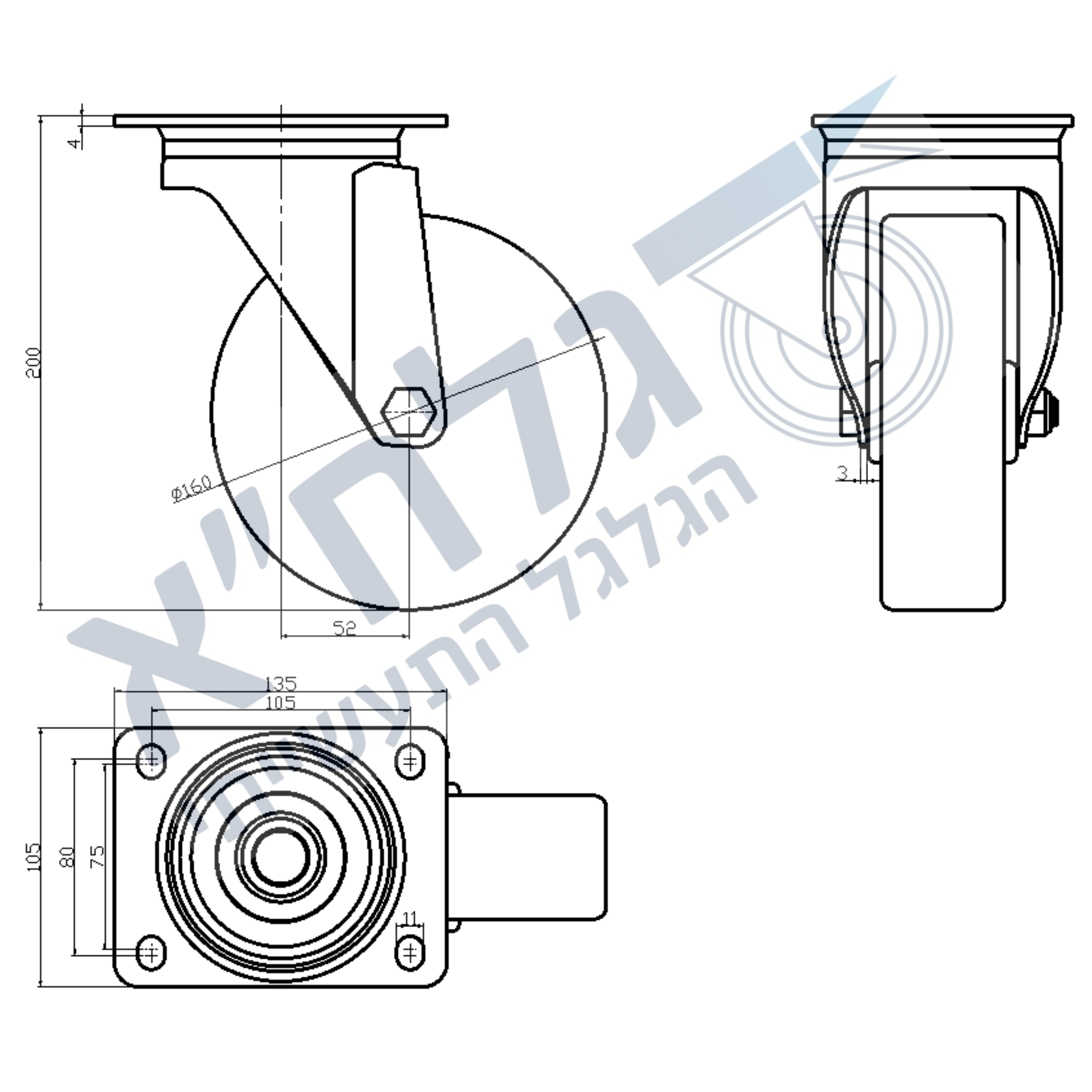 גלגל "6 אוקולון פלטה מסתובבת לעומס 350 ק"ג מיסב ROLLER