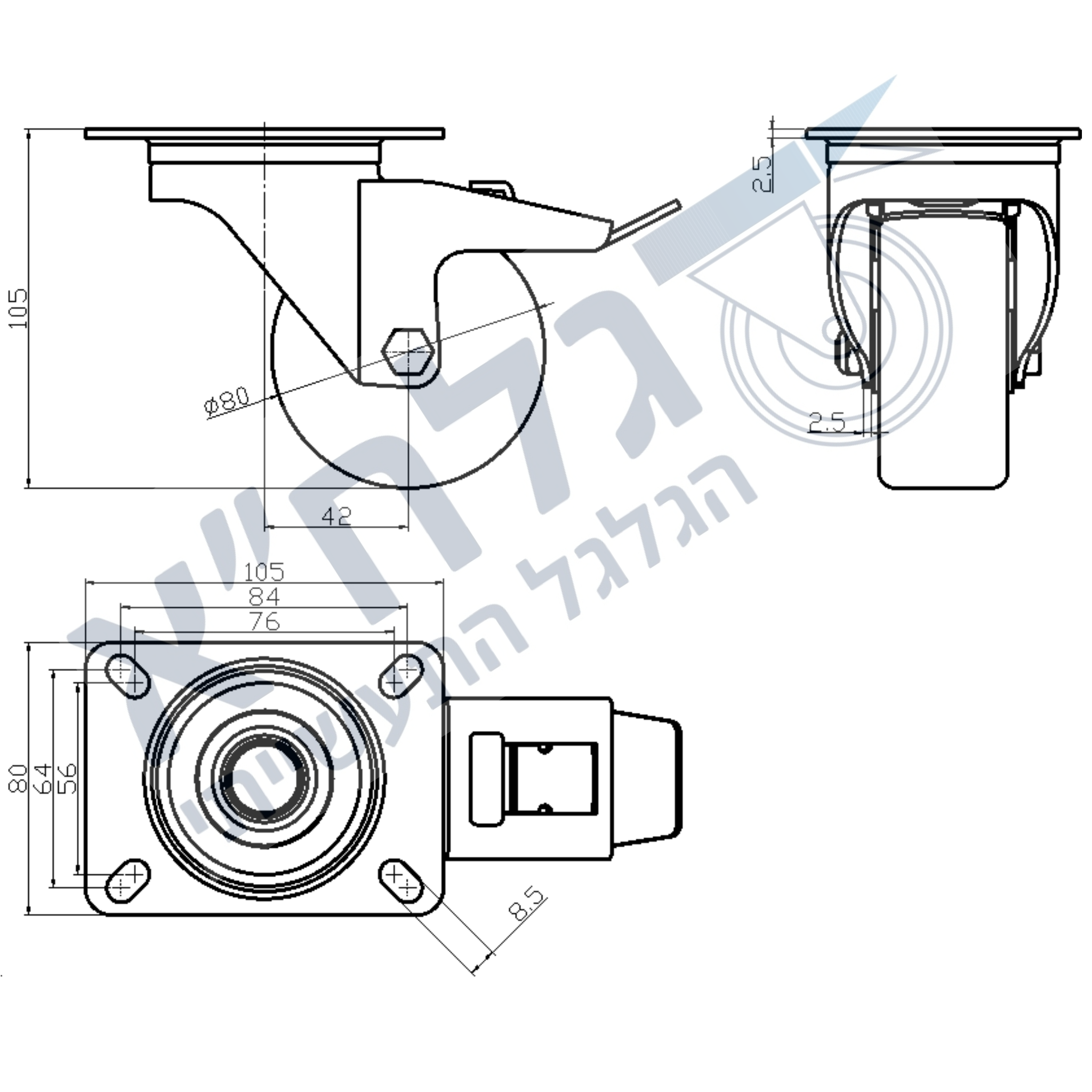 גלגל "3 אוקולון פלטה מסתובבת + מעצור לעומס 150 ק"ג מיסב ROLLER
