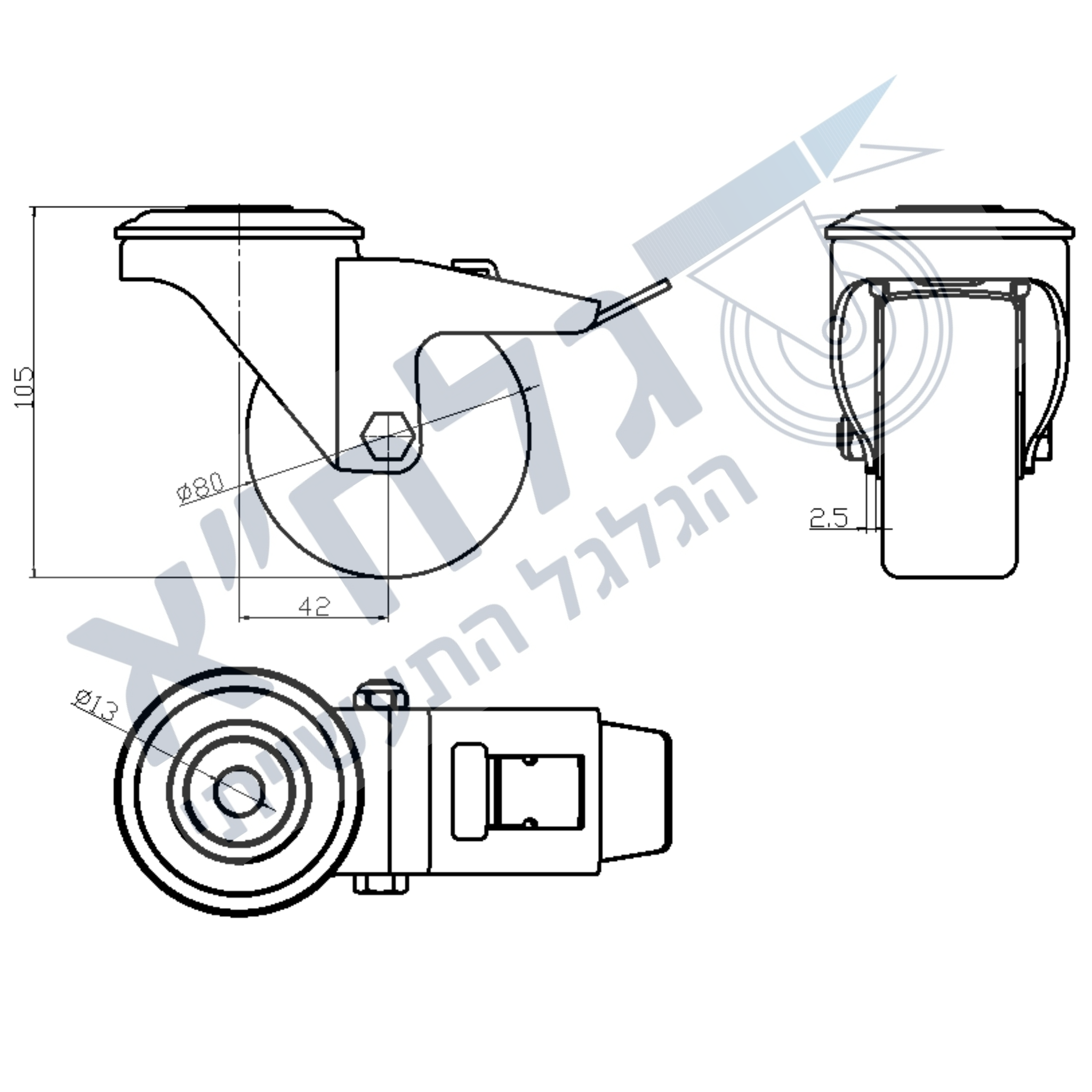 גלגל "3 גומי כחול חור + מעצור לעומס 120 ק"ג