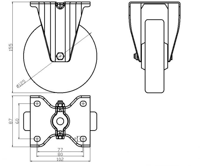 גלגל נירוסטה "5 ניילון פוליאוריטאן פלטה קבועה לעומס 200 ק"ג