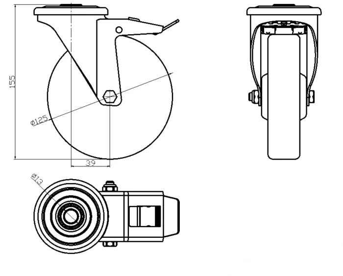 גלגל נירוסטה "5 גומי כחול חור + מעצור לעומס 200 ק"ג
