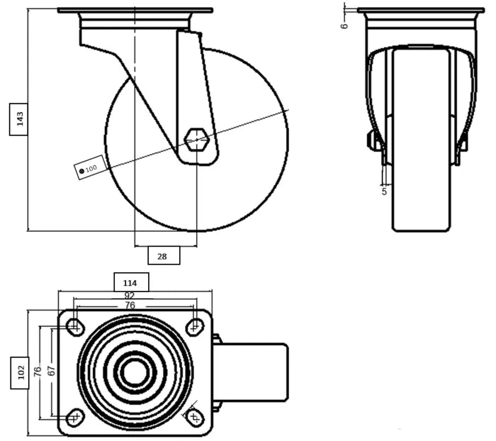 גלגל "4 ניילון PP פלטה מסתובבת לעומס 250 ק"ג מיסב BALL BEARING כפול