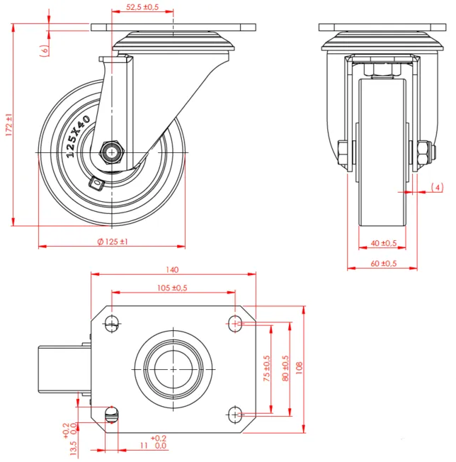 גלגל "5 אוקולון, פלטה מסתובבת לעומס 500 ק"ג מיסב BALL BEARING כפול + תותבים
