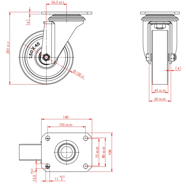 גלגל "6 אוקולון, פלטה מסתובבת לעומס 600 ק"ג, מיסב BALL BEARING כפול + תותבים