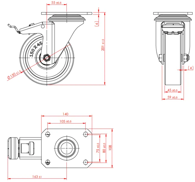 גלגל "6 אוקולון, פלטה מסתובבת + מעצור, לעומס 600 ק"ג מיסב BALL BEARING כפול + תותבים