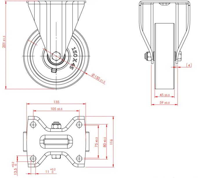גלגל "6 אוקולון, פלטה קבועה, לעומס 600 ק"ג מיסב BALL BEARING כפול + תותבים