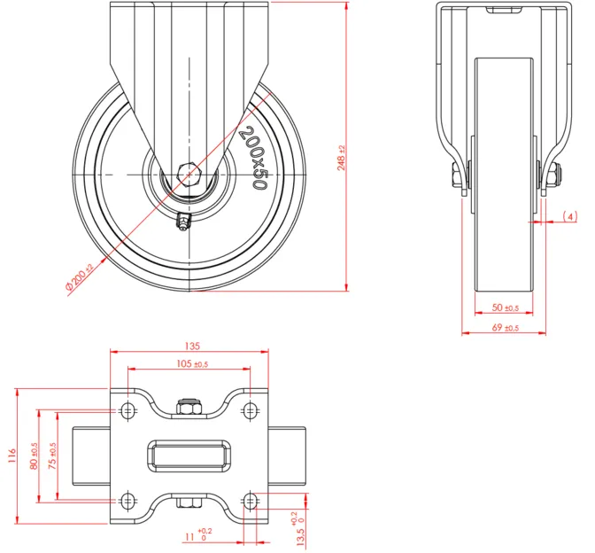 גלגל "8 אוקולון, פלטה קבועה לעומס 900 ק"ג מיסב BALL BEARING כפול + תותבים