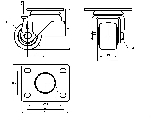 גלגל 40MM סיליקון PP פלטה מסתובבת לעומס 100 ק"ג