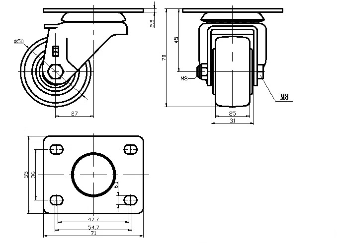 גלגל 50MM סיליקון PP פלטה מסתובבת לעומס 150 ק"ג