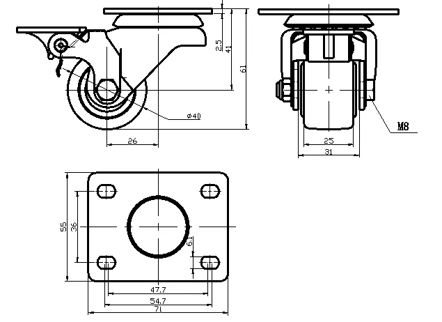 גלגל 40MM סיליקון PP פלטה מסתובבת + מעצור לעומס 100 ק"ג