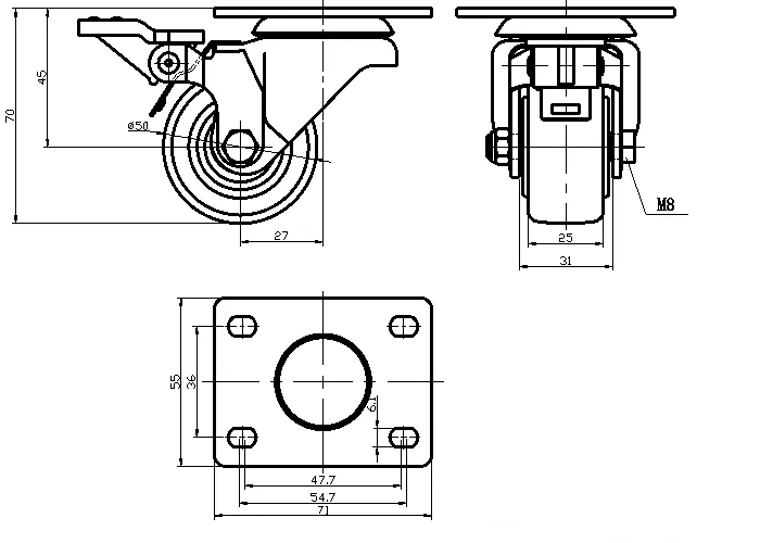 גלגל 50MM סיליקון PP פלטה מסתובבת + מעצור לעומס 150 ק"ג