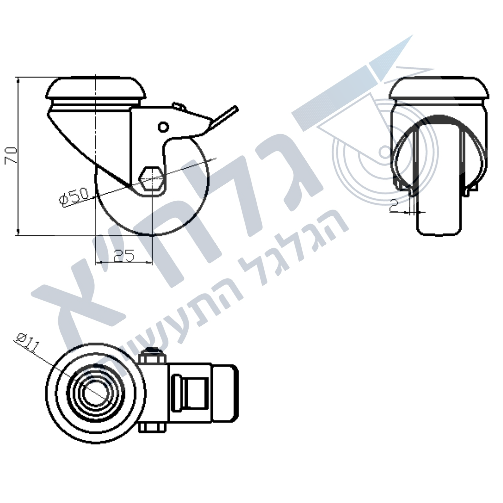 גלגל "2 גומי אפור TPR חור לעומס 50 ק"ג