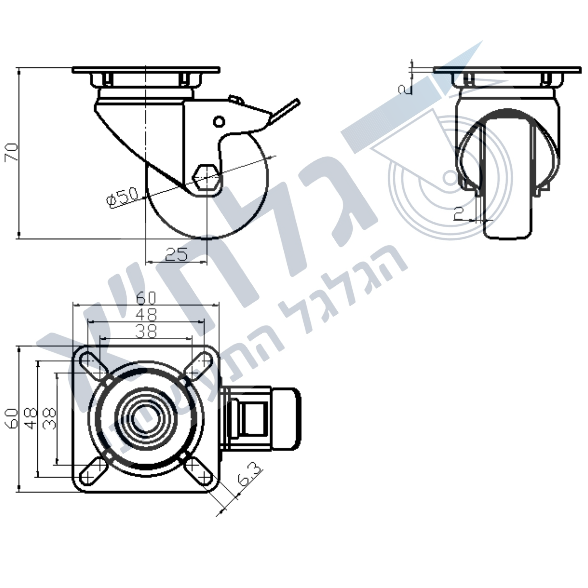 גלגל "2 גומי אפור TPR פלטה מסתובבת + מעצור לעומס 50 ק"ג