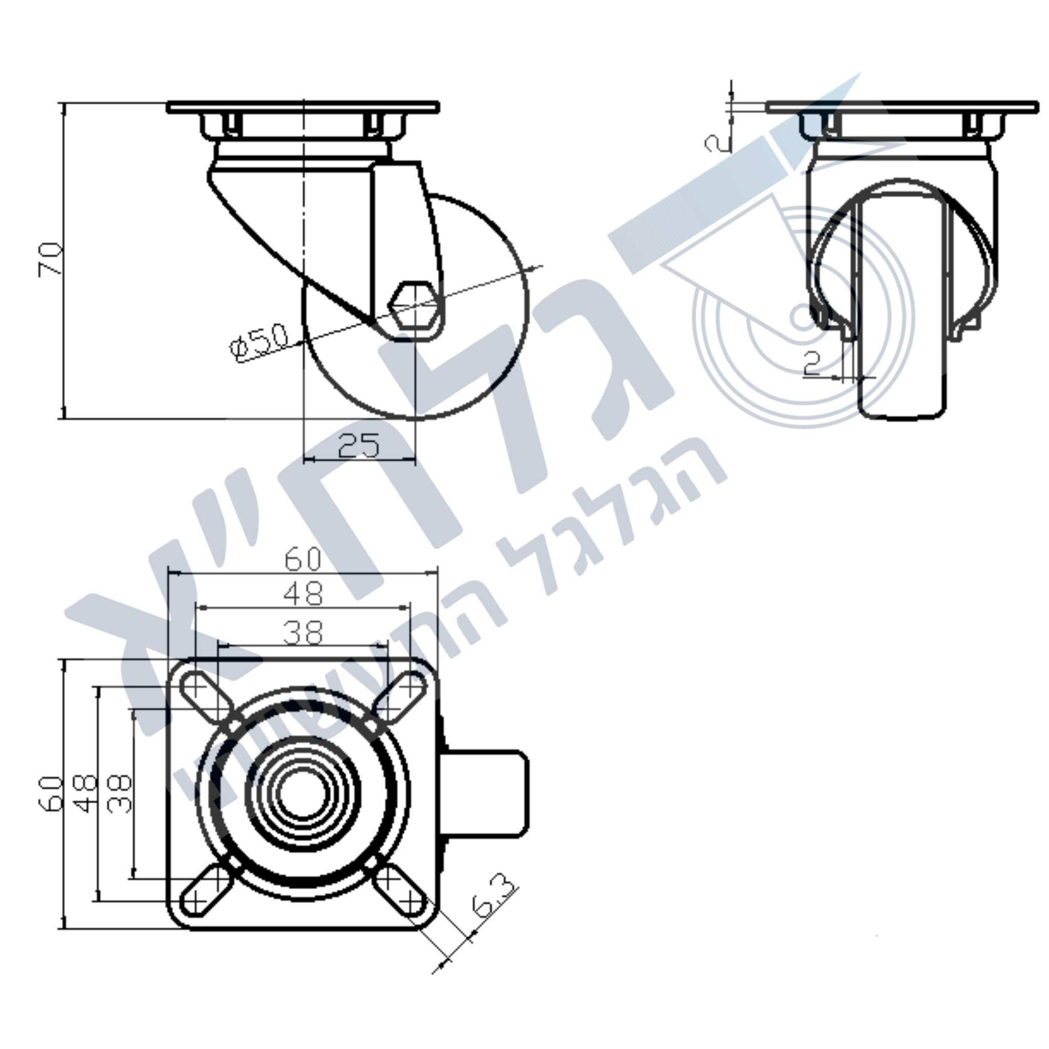 גלגל "2 גומי אפור TPR פלטה מסתובבת לעומס 50 ק"ג