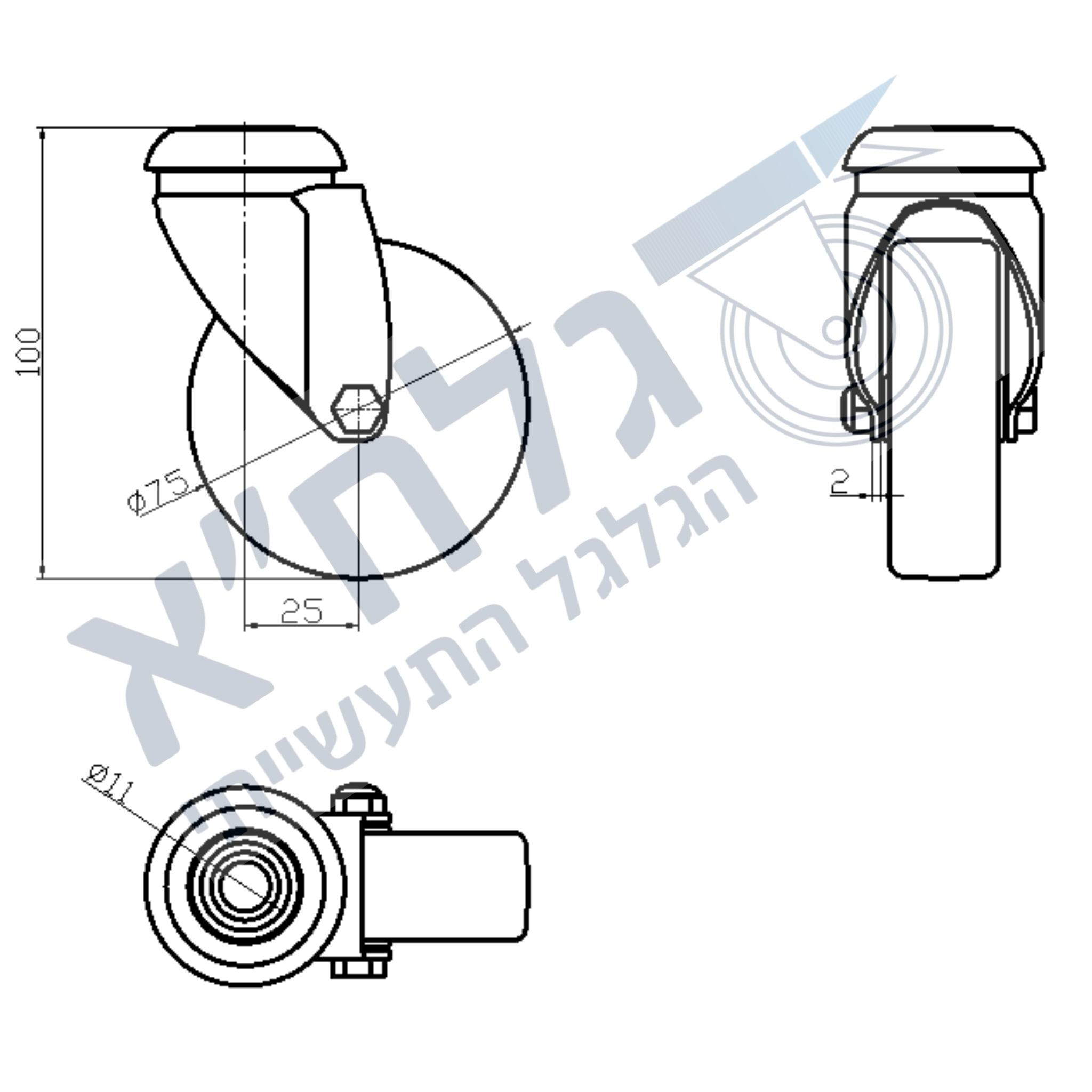 גלגל "3 גומי אפור TPR בורג לעומס 75 ק"ג