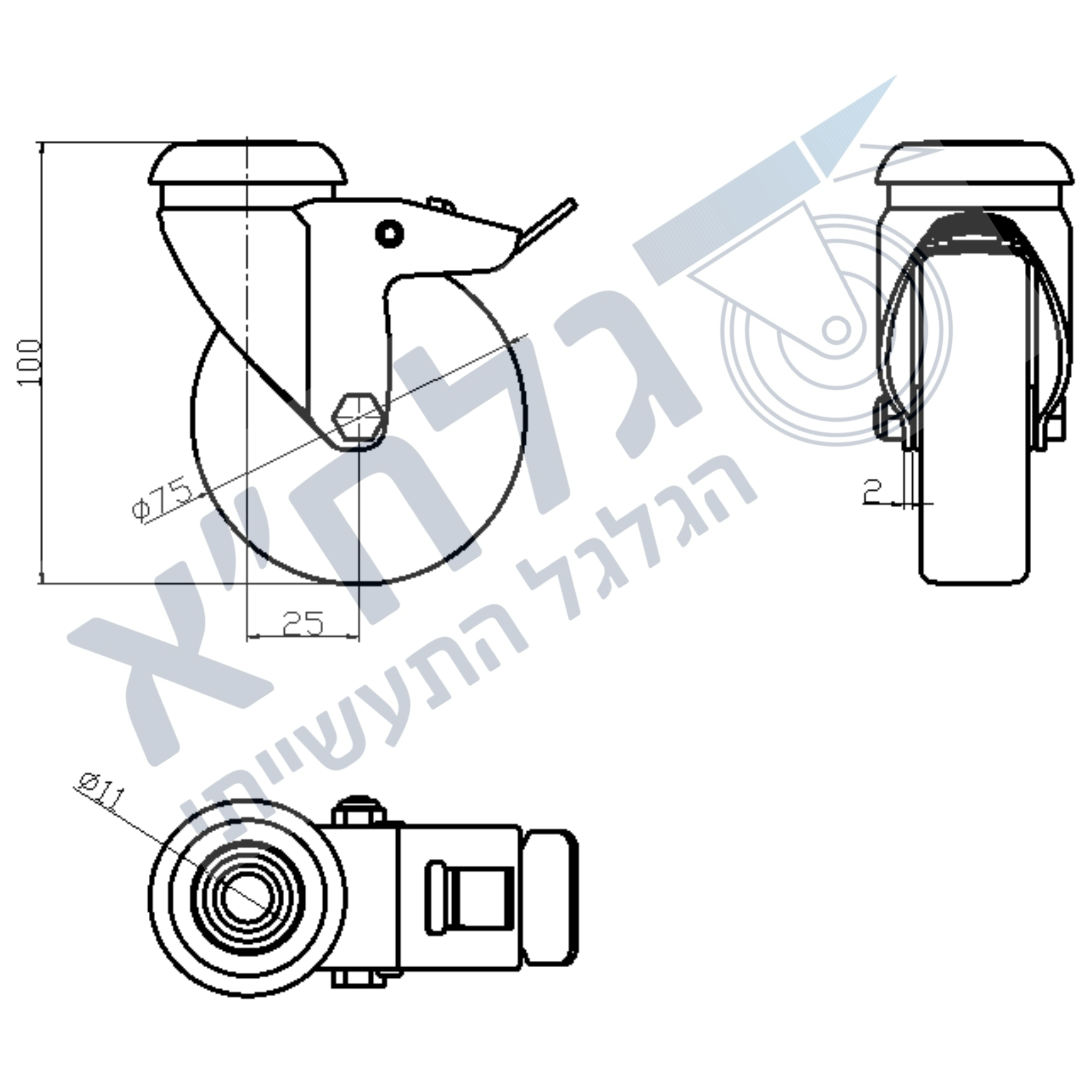 גלגל "3 גומי אפור TPR חור + מעצור לעומס 75 ק"ג