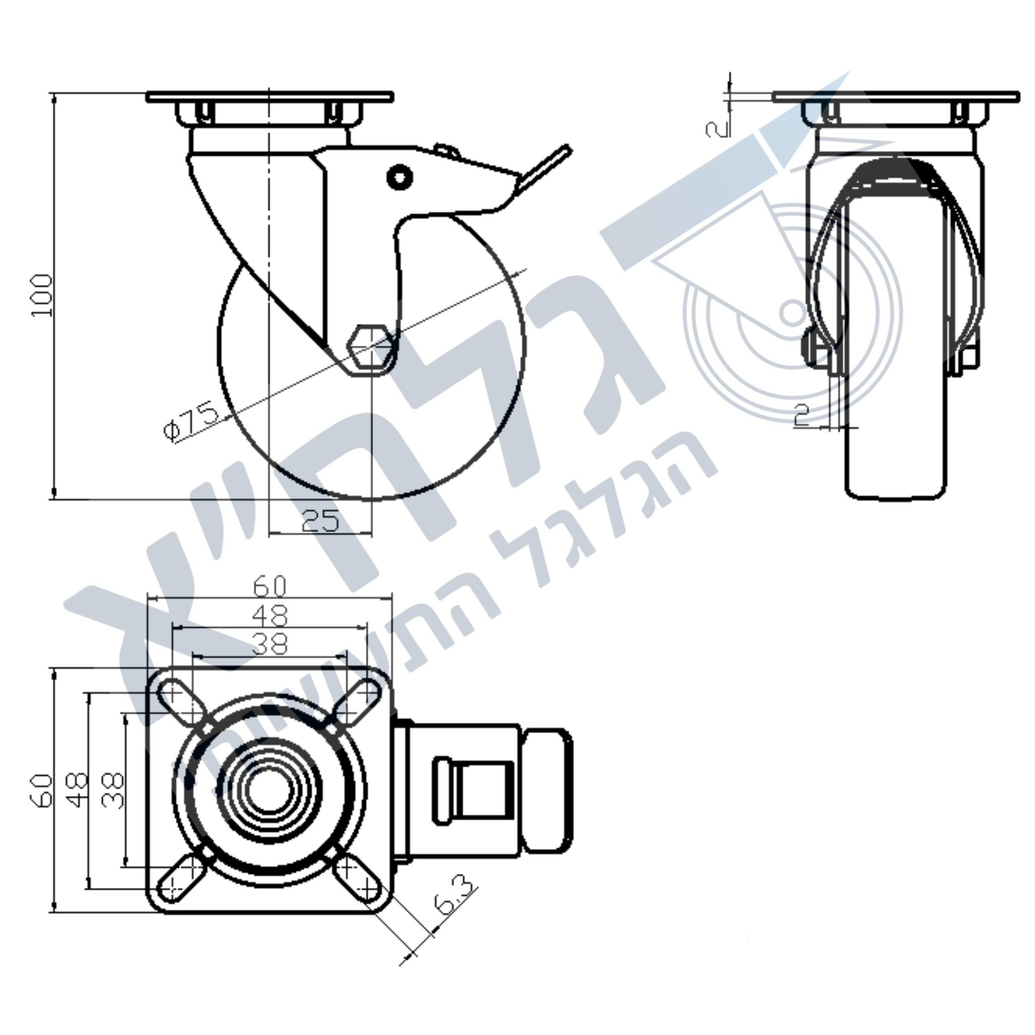 גלגל "3 גומי אפור TPR פלטה מסתובבת + מעצור לעומס 75 ק"ג