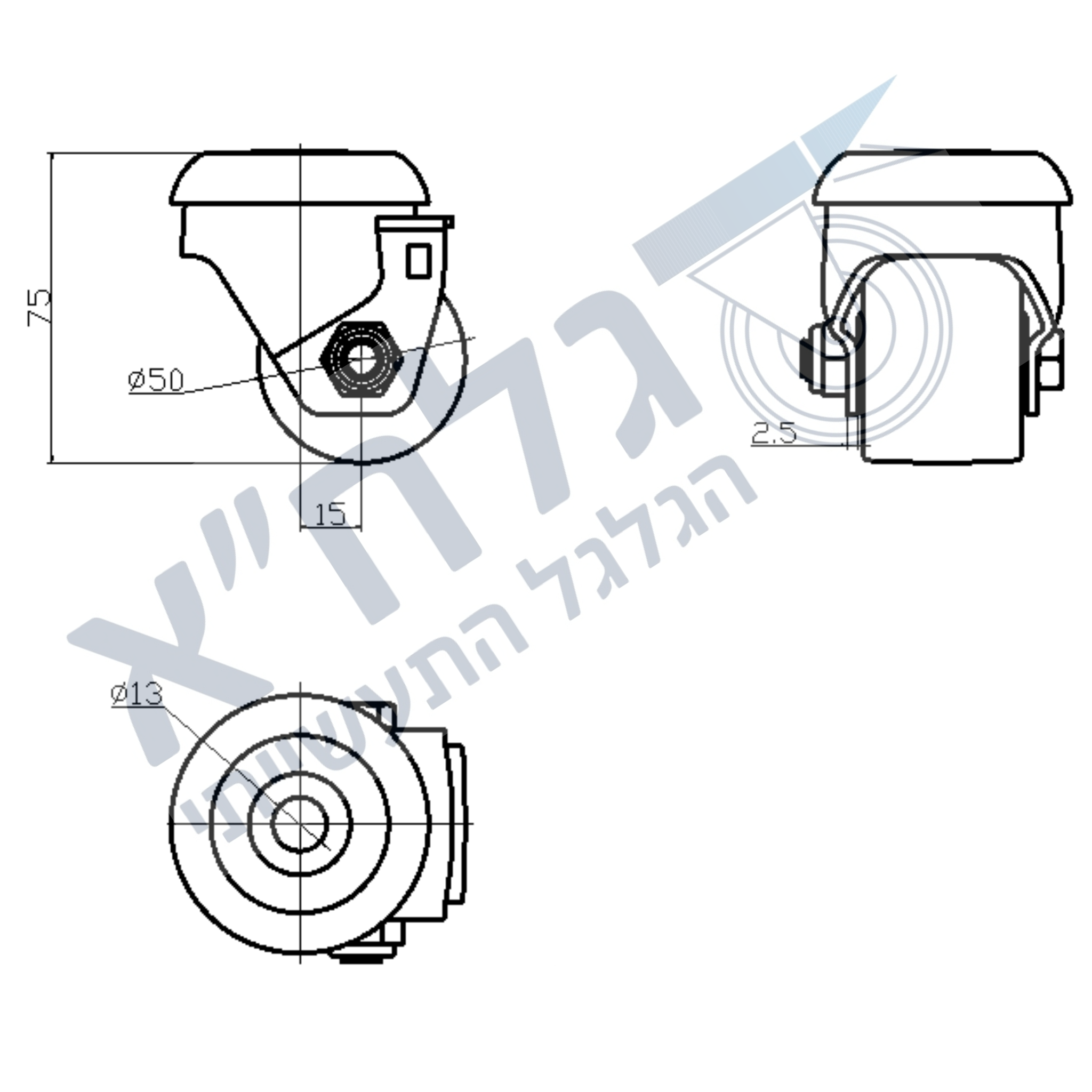 גלגל 50MM ניילון בורג M16X25 לעומס 300 ק"ג