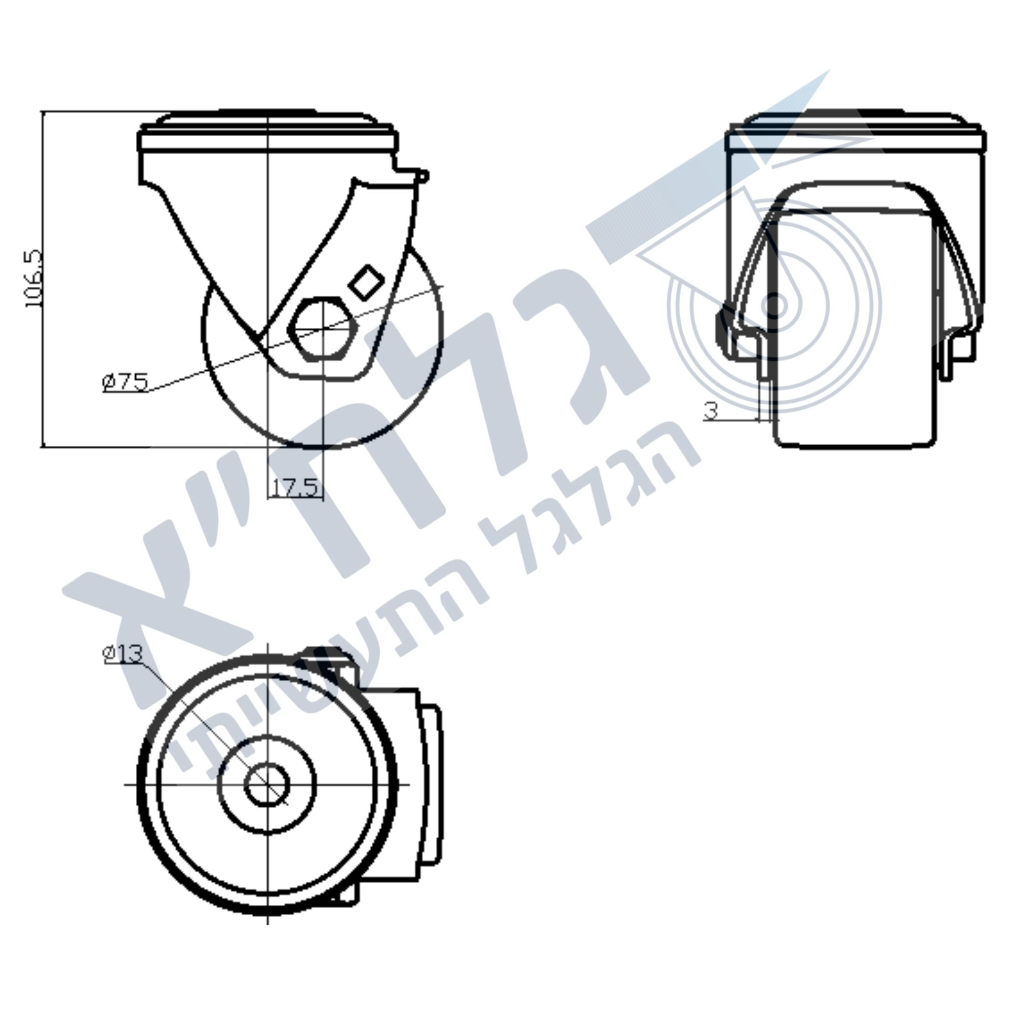 גלגל 75MM ניילון בורג M16X25 לעומס 600 ק"ג