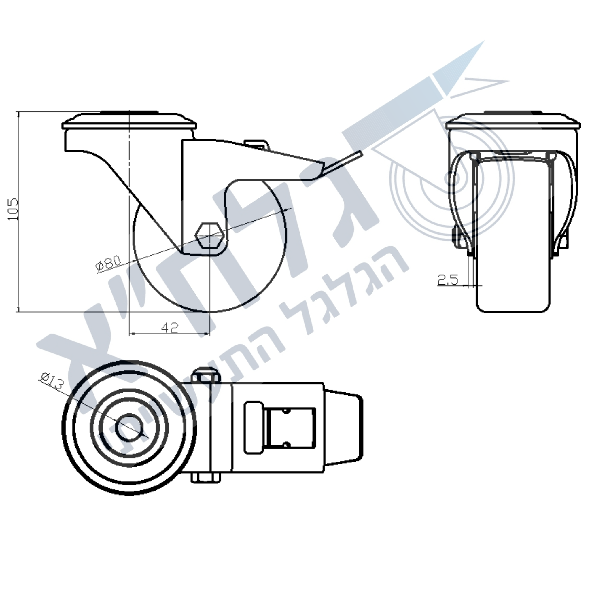 גלגל "3 יציקת ברזל חור לבורג + מעצור מיסב P לעומס 150 ק"ג