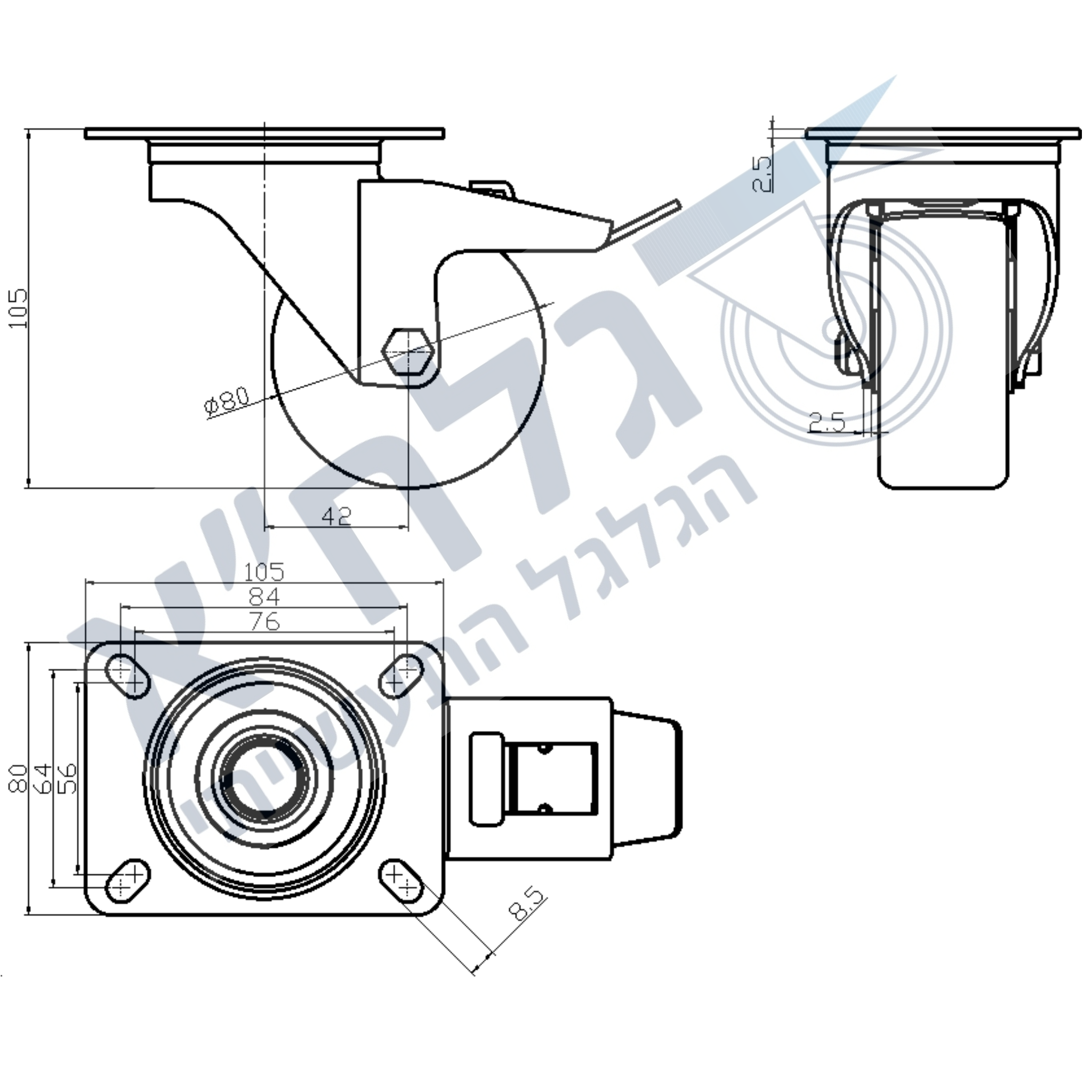 גלגל "3 גומי כחול פלטה מסתובבת + מעצור לעומס 120 ק"ג