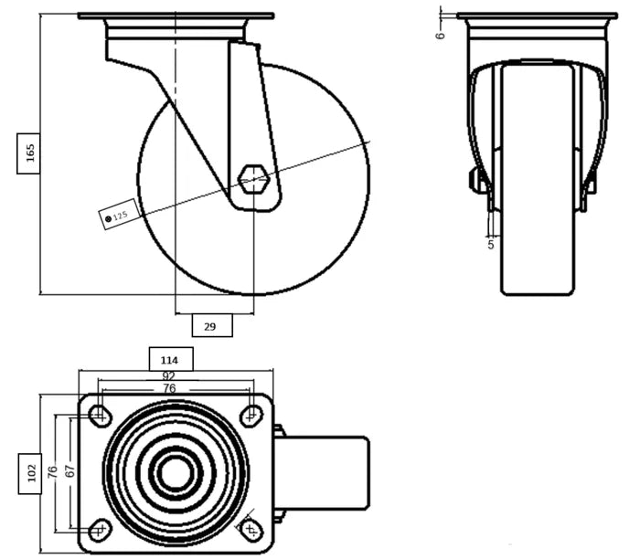 גלגל "5 PP פלטה מסתובבת לעומס 300 ק"ג מיסב BALL BEARING כפול