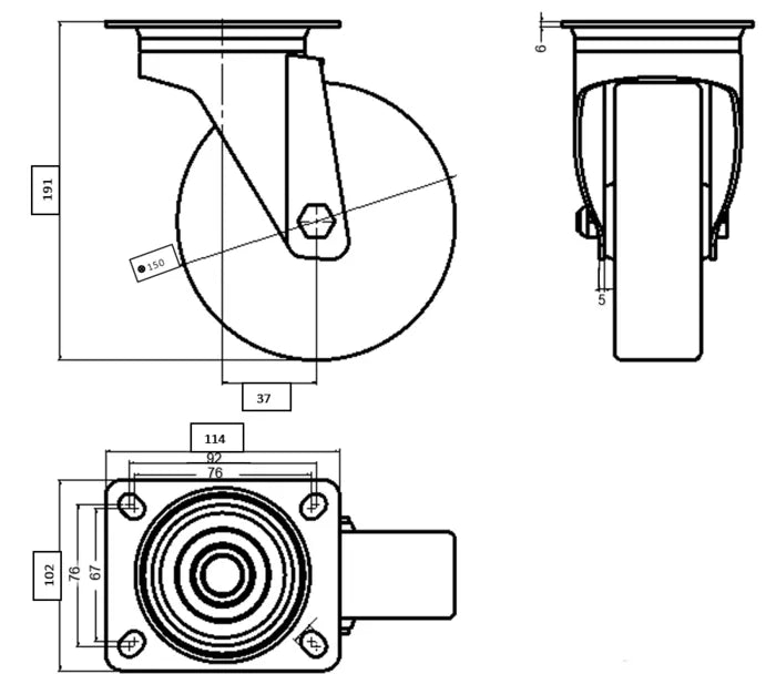 גלגל "6 PP פלטה מסתובבת לעומס 350 ק"ג מיסב BALL BEARING כפול