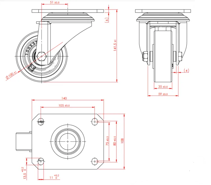 גלגל "4 אוקולון, פלטה מסתובבת לעומס 400 ק"ג מיסב BALL BEARING כפול + תותבים