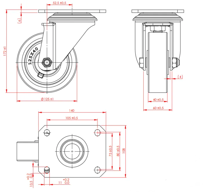 גלגל "5 אוקולון, פלטה מסתובבת לעומס 500 ק"ג מיסב BALL BEARING כפול + תותבים