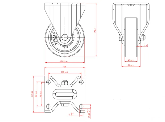 גלגל "5 אוקולון, פלטה קבועה לעומס 500 ק"ג מיסב BALL BEARING כפול + תותבים