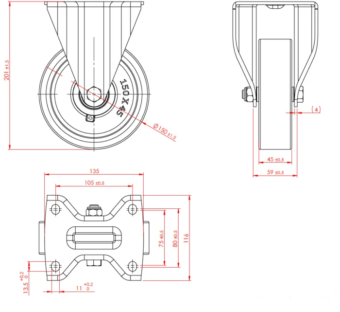 גלגל "6 אוקולון, פלטה קבועה, לעומס 600 ק"ג מיסב BALL BEARING כפול + תותבים