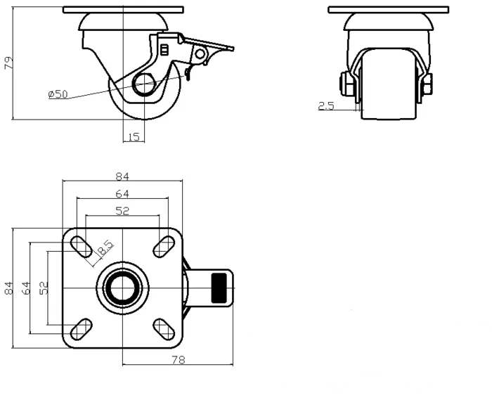 גלגל 50MM ניילון פלטה מסתובבת + מעצור לעומס 300 ק"ג