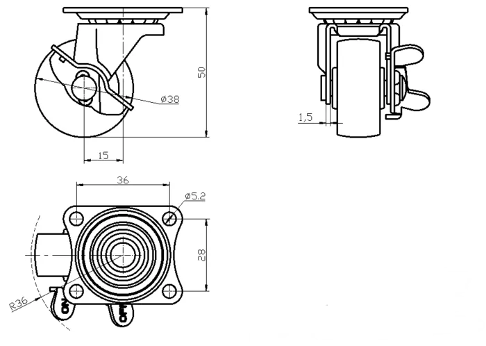 גלגל 38MM גומי פלטה מסתובבת + מעצור לעומס 28 ק"ג